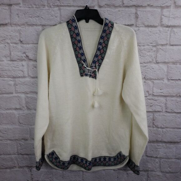 Sweater Tie with Tassels Tunic Style Ivory & Gray - Picture 1 of 4
